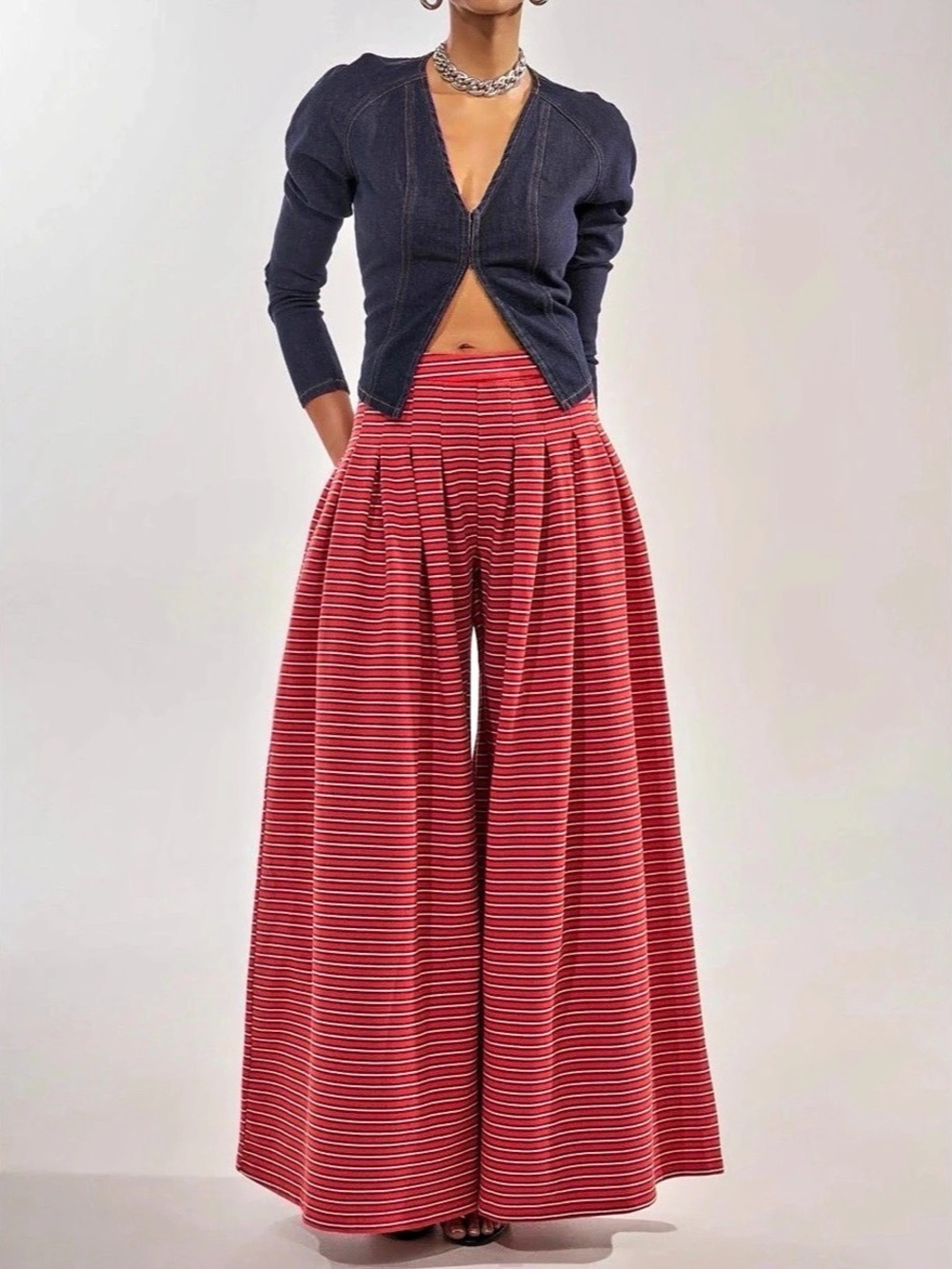 Akira Striped Wide-Leg Pants in Red & Black - New